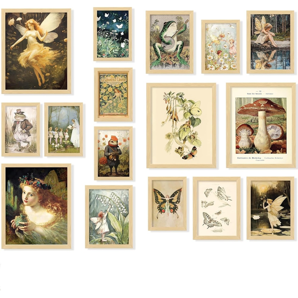 image:image97 Decor Cottagecore Wall Art Botanical Prints 12 Pcs Brown Frame  Vintage botanical and mushroom designs 3 sizes 8x10 5x7 4x6 wood frames bedroom dorm gallery wallFairycore Gx8x10