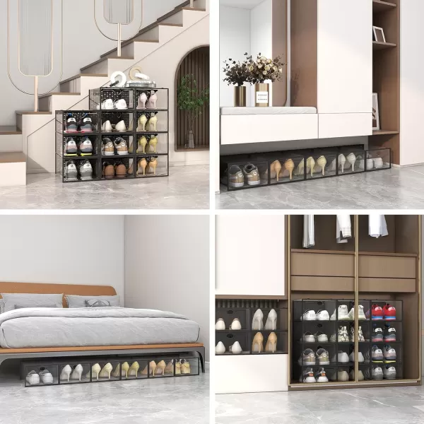 Pinkpum 12 Pack Shoe Storage Boxes Shoe Organizer for Closet clear Plastic Stackable Shoe Dispaly Case Bins Holder Sneaker StorageBlack