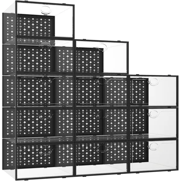 Pinkpum 12 Pack Shoe Storage Boxes Shoe Organizer for Closet clear Plastic Stackable Shoe Dispaly Case Bins Holder Sneaker StorageBlack