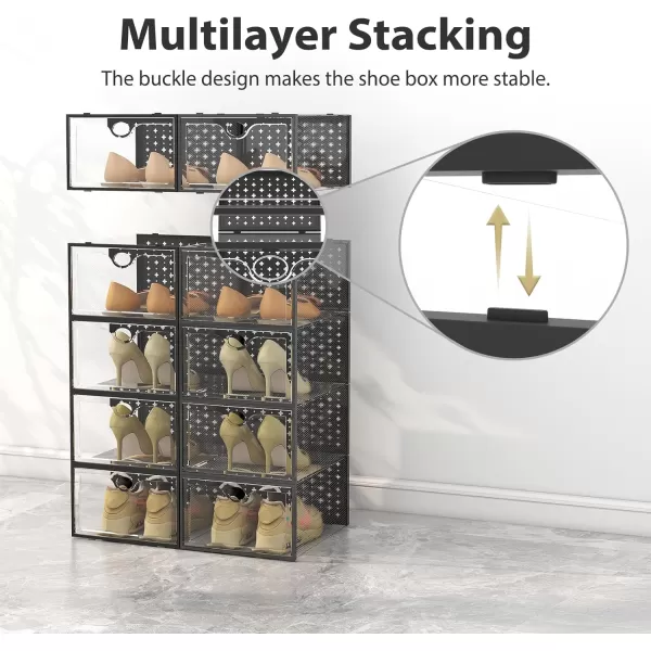 Pinkpum 12 Pack Shoe Storage Boxes Shoe Organizer for Closet clear Plastic Stackable Shoe Dispaly Case Bins Holder Sneaker StorageBlack