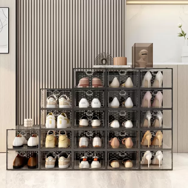Pinkpum 12 Pack Shoe Storage Boxes Shoe Organizer for Closet clear Plastic Stackable Shoe Dispaly Case Bins Holder Sneaker StorageBlack