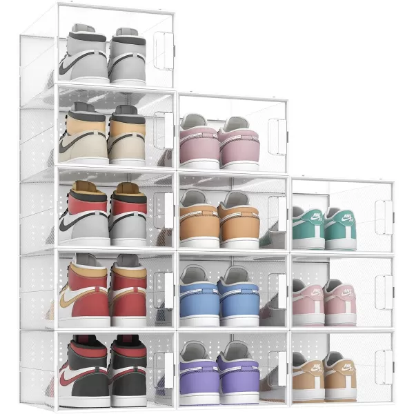 Pinkpum Shoe Organizer Storage Boxes for Closet Clear Plastic Stackable Sneaker Storage Containers Bins with Lids Clear Shoe Case ContainersWhite 12 PackClear