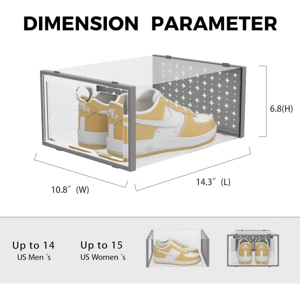 Pinkpum XXL Larger Shoe Storage Boxes Fit Size 14 Clear Plastic Stackable Shoe Organizer 12 Pack Sneaker Storage for Sneakerheads Shoe ContainersGrey