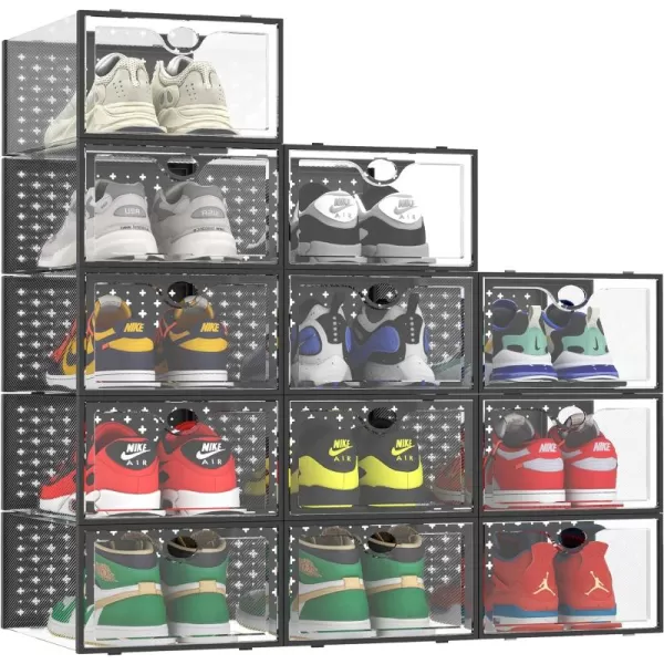 Pinkpum XXL Larger Shoe Storage Boxes Fit Size 14 Clear Plastic Stackable Shoe Organizer 12 Pack Sneaker Storage for Sneakerheads Shoe ContainersBlack