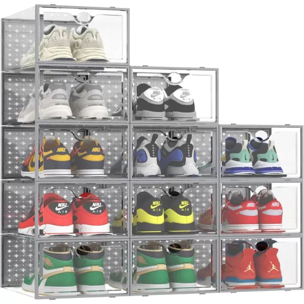 Pinkpum XXL Larger Shoe Storage Boxes Fit Size 14 Clear Plastic Stackable Shoe Organizer 12 Pack Sneaker Storage for Sneakerheads Shoe ContainersGrey