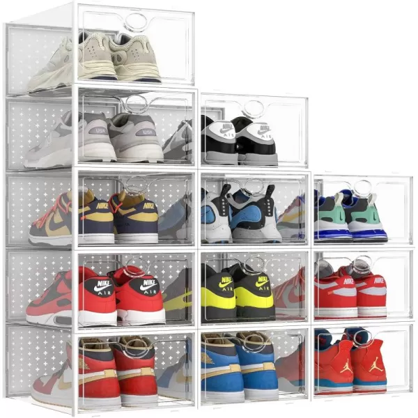 Pinkpum XXL Larger Shoe Storage Boxes Fit Size 14 Clear Plastic Stackable Shoe Organizer 12 Pack Sneaker Storage for Sneakerheads Shoe ContainersWhite