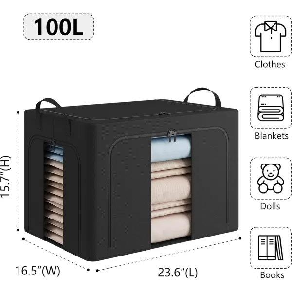 Pinkpum 3 Pack Clothes Storage Bins with Metal Frame Closet Organizers and Storage Boxes Stackable ampamp Foldable Clothes Organizer Bags with Large Clear Window ampamp Long Carry Handles Black 66LBlack