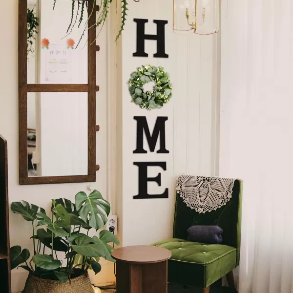 Wood Home Sign with Artificial Eucalyptus Wreath for O Hanging Farmhouse Wall House Decor Wood Home Letters for Wall Art Rustic Home Decor Home Wall Decor for Living Room Kitchen EntrywayBlack