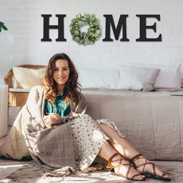 Wood Home Sign with Artificial Eucalyptus Wreath for O Hanging Farmhouse Wall House Decor Wood Home Letters for Wall Art Rustic Home Decor Home Wall Decor for Living Room Kitchen EntrywayBlack