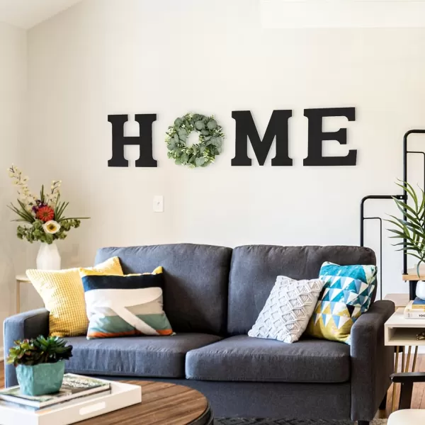 Wood Home Sign with Artificial Eucalyptus Wreath for O Hanging Farmhouse Wall House Decor Wood Home Letters for Wall Art Rustic Home Decor Home Wall Decor for Living Room Kitchen EntrywayBlack