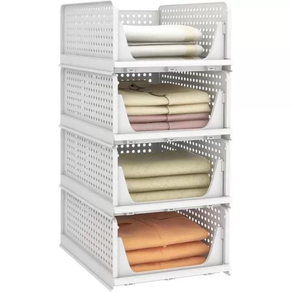 Pinkpum 4 Pack Folding Closet Organizers Storage Box Stackable Plastic Drawer Basket for Clothing Stackable Storage Bins Shelf Storage Container for Closet Wardrobe Bedroom Bathroom Office ToffeeWhite