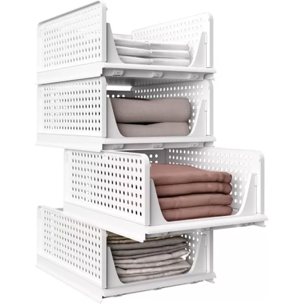 Pinkpum 4 Pack Folding Closet Organizers Storage Box Stackable Plastic Drawer Basket for Clothing Stackable Storage Bins Shelf Storage Container for Closet Wardrobe Bedroom Bathroom Office ToffeePure White