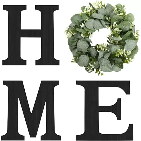 Wood Home Sign with Artificial Eucalyptus Wreath for O Hanging Farmhouse Wall House Decor Wood Home Letters for Wall Art Rustic Home Decor Home Wall Decor for Living Room Kitchen EntrywayBlack