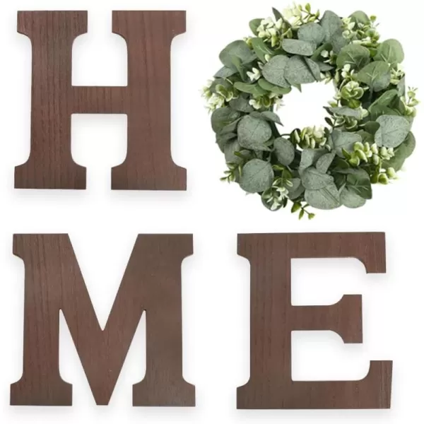 Wood Home Sign with Artificial Eucalyptus Wreath for O Hanging Farmhouse Wall House Decor Wood Home Letters for Wall Art Rustic Home Decor Home Wall Decor for Living Room Kitchen EntrywayBrown