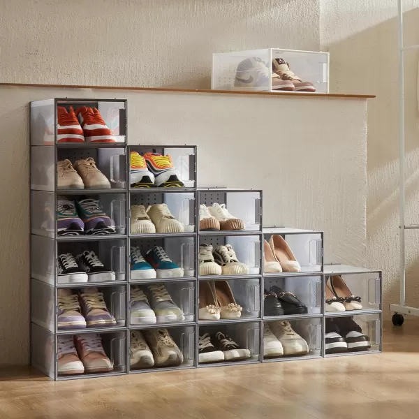 Pinkpum Large Shoe Organizer Storage Boxes for Closet Clear Plastic Stackable Sneaker Storage Containers Bins with Lids Clear Shoe Display Case Containers Fit for Size 11 Grey 12 Pack