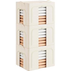imagePinkpum 3 Pack Clothes Storage Bins with Metal Frame Closet Organizers and Storage Boxes Stackable ampamp Foldable Clothes Organizer Bags with Large Clear Window ampamp Long Carry Handles Grey Pattern 66LBeige