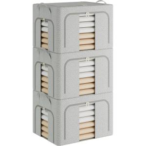 imagePinkpum 3 Pack Clothes Storage Bins with Metal Frame Closet Organizers and Storage Boxes Stackable ampamp Foldable Clothes Organizer Bags with Large Clear Window ampamp Long Carry Handles Grey Pattern 66LGrey Pattern