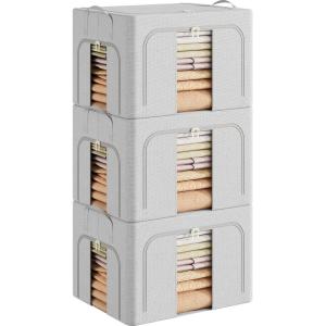 imagePinkpum 3 Pack Clothes Storage Bins with Metal Frame Closet Organizers and Storage Boxes Stackable ampamp Foldable Clothes Organizer Bags with Large Clear Window ampamp Long Carry Handles Grey Pattern 66LLight Grey