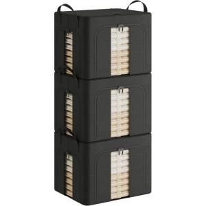 imagePinkpum 3 Pack Clothes Storage Bins with Metal Frame Closet Organizers and Storage Boxes Stackable ampamp Foldable Clothes Organizer Bags with Large Clear Window ampamp Long Carry Handles Grey Pattern 66LBlack
