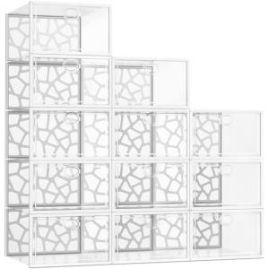 imagePinkpum Large Shoe Boxes Clear Plastic Stackable 12 Pack Shoe Storage Box Organizer for Closets Foldable Sneaker Storage Fit for Size 11White