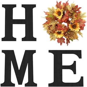 imageWood Home Sign with Artificial Maple Leaf Wreath for O Hanging Farmhouse Wall House Autumn Decor Wood Letters for Wall Art Rustic Home Decor Wall Decor for Living Room Kitchen Entryway BlackBlackMaple Leaf