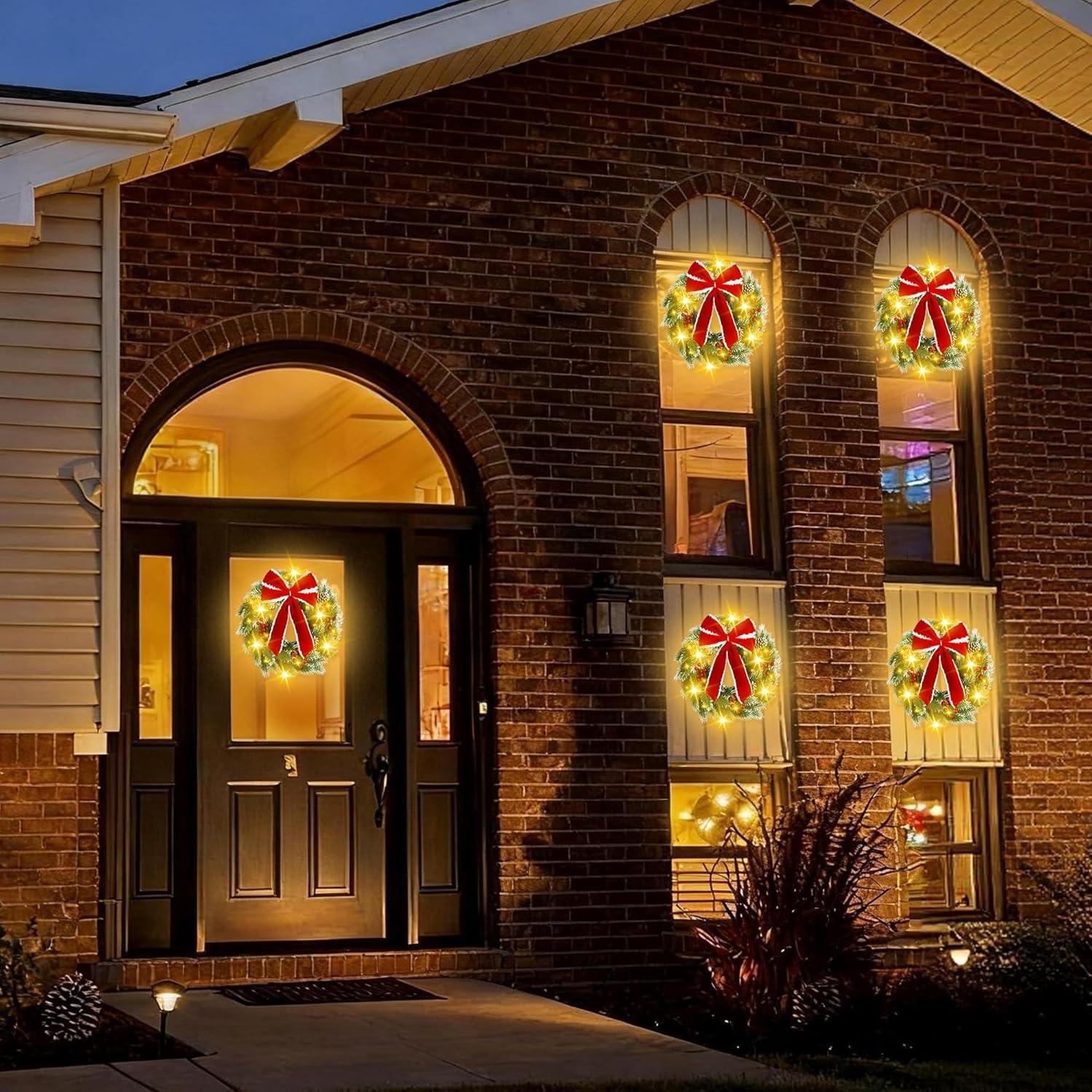 imagePinkpum 165quot Christmas Wreath for Front Door Decor Green Winter Wreath with LED String Lights for Home Wall Window Porch Farmhouse Indoor Outdoor Decorations Berries Pine Cones Needles Bow 1 PackGreen