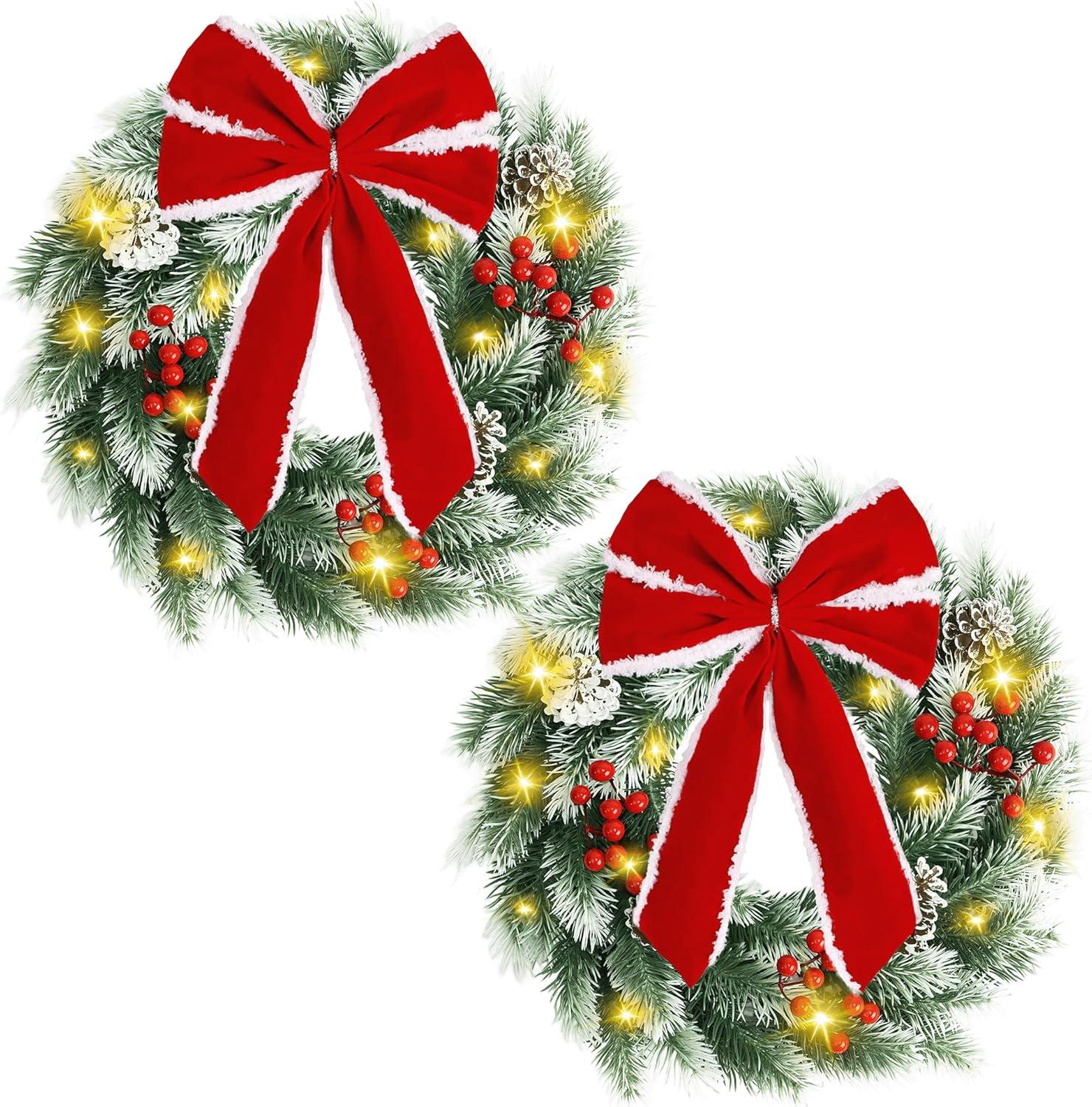 imagePinkpum 165quot Christmas Wreath for Front Door Decor Green Winter Wreath with LED String Lights for Home Wall Window Porch Farmhouse Indoor Outdoor Decorations Berries Pine Cones Needles Bow 1 PackGreen