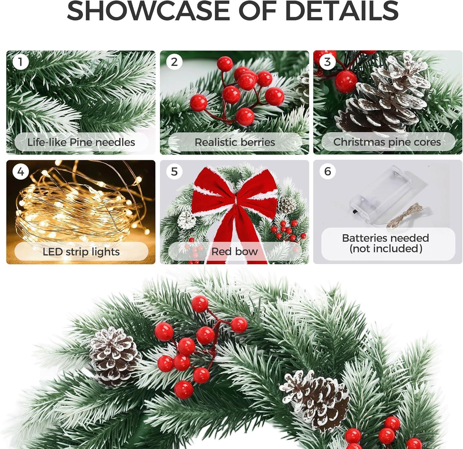 imagePinkpum 165quot Christmas Wreath for Front Door Decor Green Winter Wreath with LED String Lights for Home Wall Window Porch Farmhouse Indoor Outdoor Decorations Berries Pine Cones Needles Bow 1 PackGreen