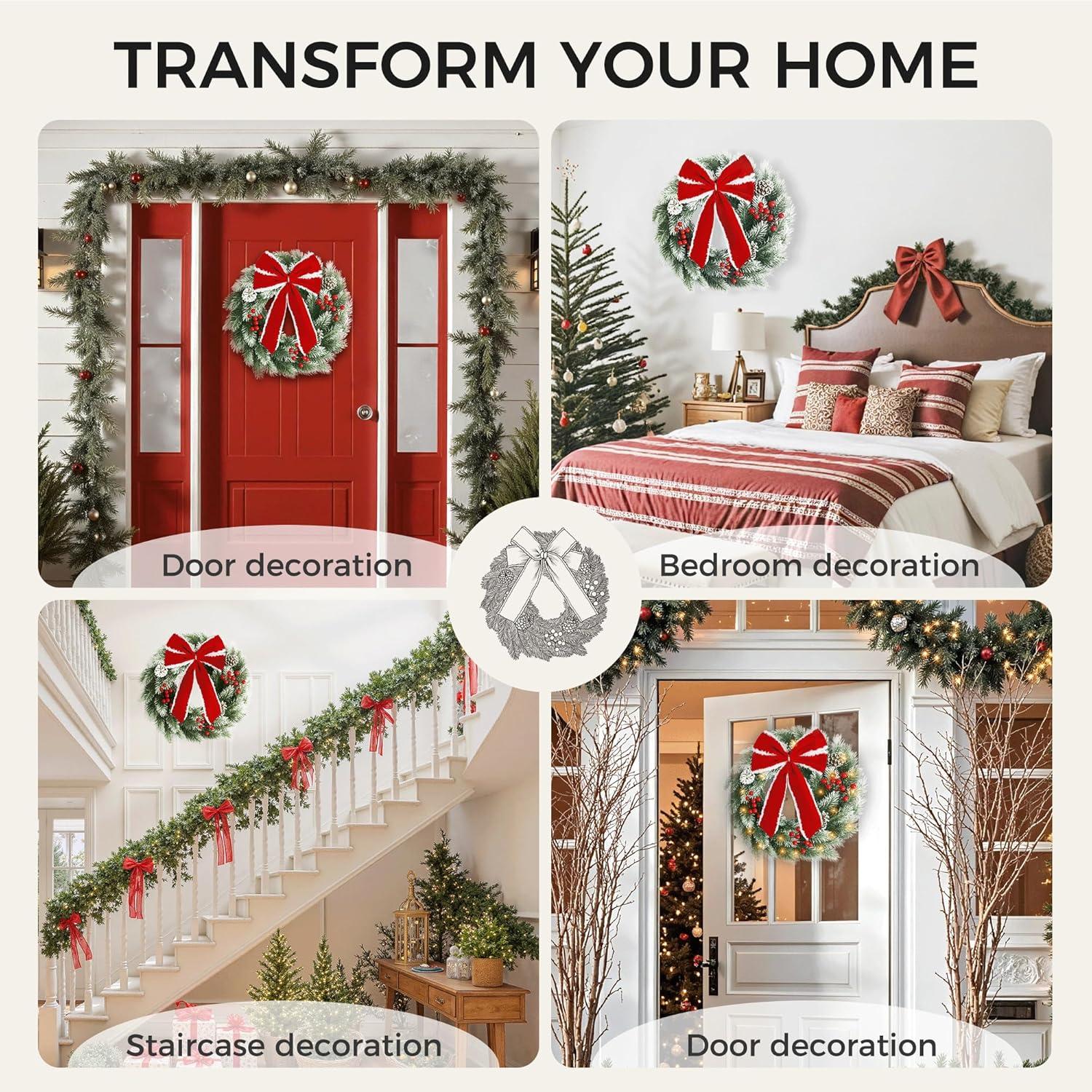 imagePinkpum 165quot Christmas Wreath for Front Door Decor Green Winter Wreath with LED String Lights for Home Wall Window Porch Farmhouse Indoor Outdoor Decorations Berries Pine Cones Needles Bow 1 PackGreen