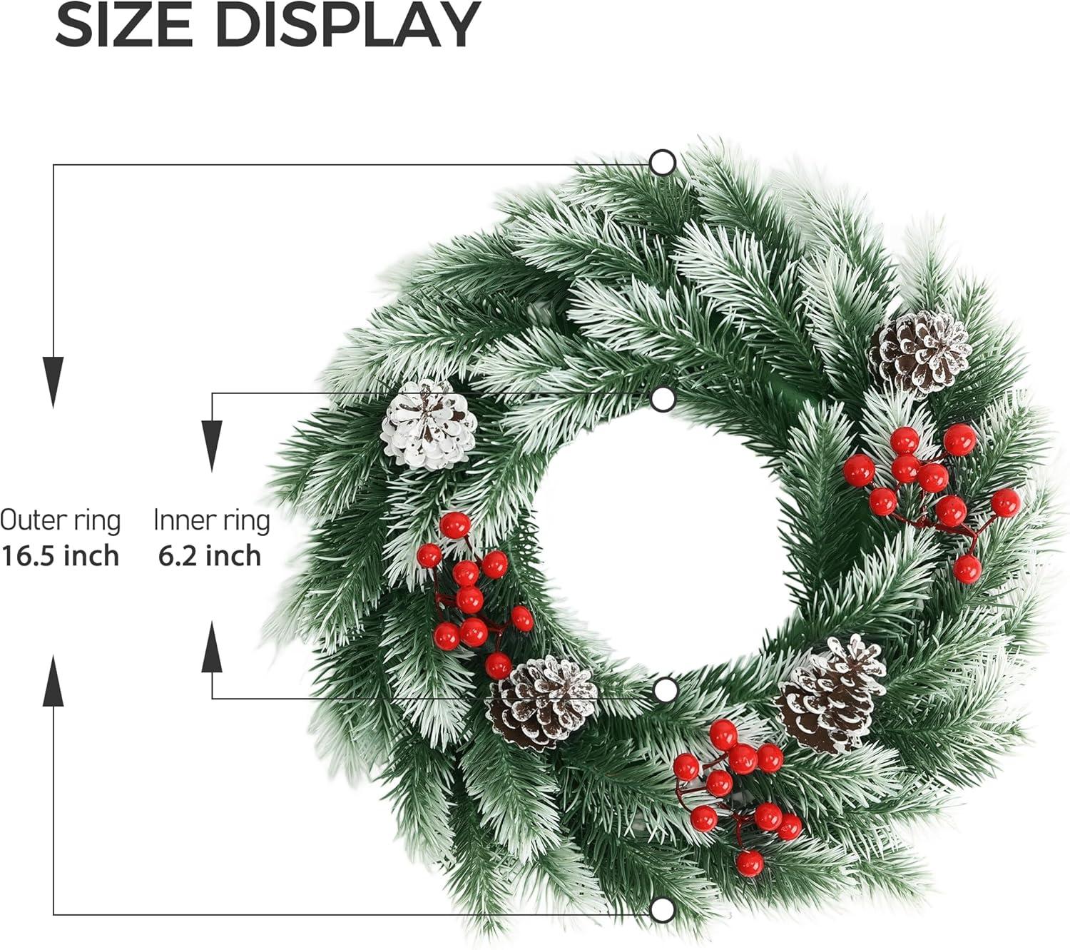 imagePinkpum 165quot Christmas Wreath for Front Door Decor Green Winter Wreath with LED String Lights for Home Wall Window Porch Farmhouse Indoor Outdoor Decorations Berries Pine Cones Needles Bow 1 PackGreen