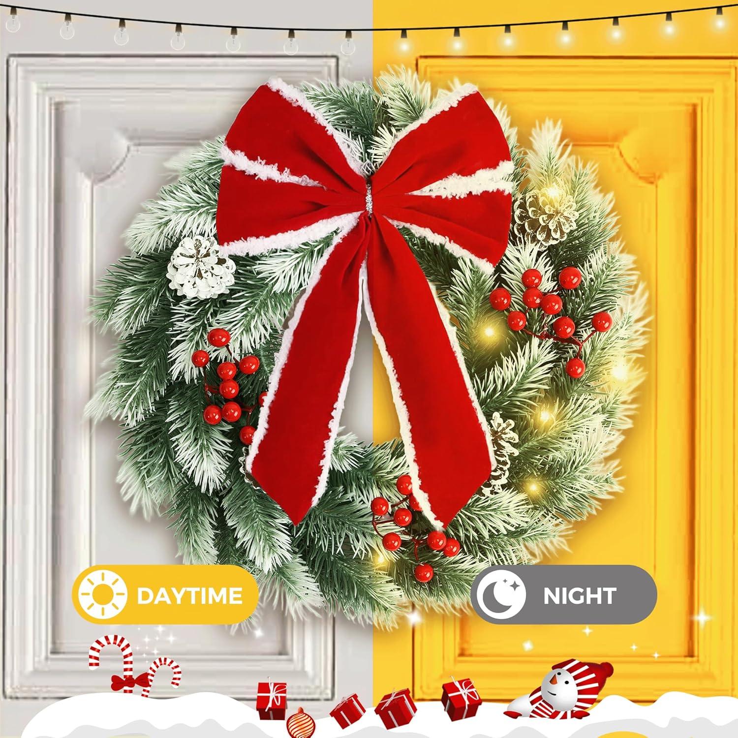 imagePinkpum 165quot Christmas Wreath for Front Door Decor Green Winter Wreath with LED String Lights for Home Wall Window Porch Farmhouse Indoor Outdoor Decorations Berries Pine Cones Needles Bow 1 PackGreen