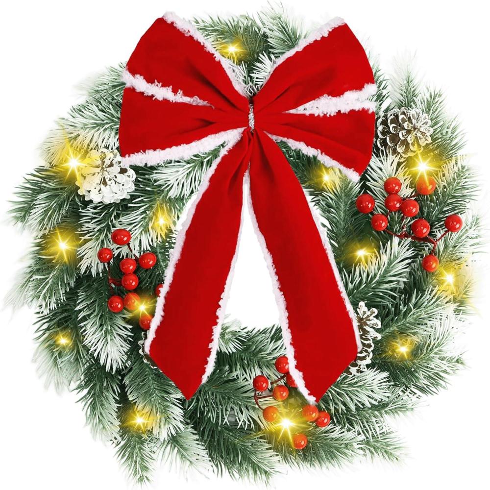 imagePinkpum 165quot Christmas Wreath for Front Door Decor Green Winter Wreath with LED String Lights for Home Wall Window Porch Farmhouse Indoor Outdoor Decorations Berries Pine Cones Needles Bow 1 PackGreen