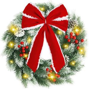 imagePinkpum 165quot Christmas Wreath for Front Door Decor Green Winter Wreath with LED String Lights for Home Wall Window Porch Farmhouse Indoor Outdoor Decorations Berries Pine Cones Needles Bow 1 PackGreen