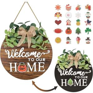imagePinkpum 2 in 1 Interchangeable Seasonal Welcome Sign Front Door Decor with 20 Seasonal Icons Double Sides Round Wood Wreaths Gifts House Outdoor Indoor Home Decorations All Seasons Halloween ChristmasBrown