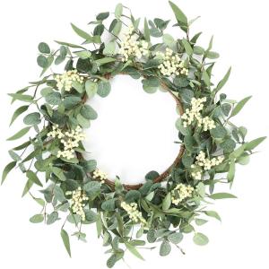 imagePinkpum 14 Eucalyptus Leaves Small Wreath for Front Door Green Wreath Porch Window Decor for Home Farmhouse Wall Table Spring Summer Fall Outdoor Indoor All SeasonsWhite