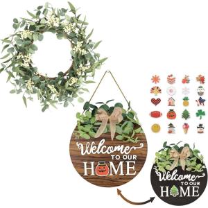 imagePinkpum 20 Eucalyptus Wreath for Front Door2 in 1 Interchangeable Seasonal Welcome Sign Front Door Decor with 20 Seasonal Icons Double Sides Round Wood Wreaths Gifts House