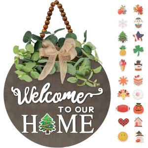 imagePinkpum Interchangeable Welcome Sign Front Door Sign Decor with 20 Seasonal Icons Round Wood Wreaths with 3D Letter Gifts House Hanging Changeable Outdoor Indoor Home Decorations All Seasons ChristmasGray