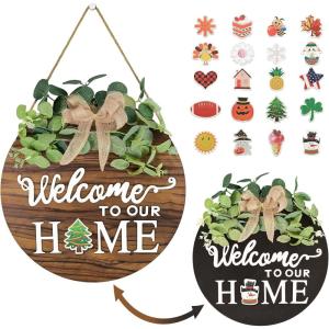 imagePinkpum Interchangeable Welcome Sign Front Door Sign Decor with 20 Seasonal Icons Round Wood Wreaths with 3D Letter Gifts House Hanging Changeable Outdoor Indoor Home Decorations All Seasons ChristmasBrown