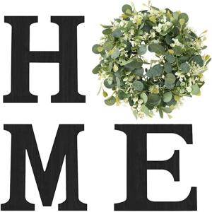 imageWooden Home Sign with Artificial Green Wreath for O Hanging Farmhouse Wall House Decor Wood Letters for Wall Art Rustic Home Decor Wall Decor for Living Room Kitchen Entryway BlackBlackPeach Heart