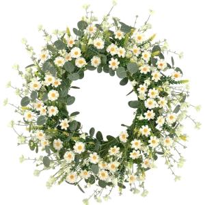 imagePinkpum 22 Inch Artificial Daisy Flower Wreath with Eucalyptus Leave Silk Flower White Berries Spring Summer Wreath for Front Door Wall Decor