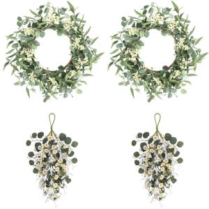 image:imagePinkpum 20 Eucalyptus Wreath 6FT Flower 17 Artificial Silk Flowers Set 9 for Front Door White Floral Fireplace Table Hanging Porch Wall Home Decor Farmhouse Indoor Outdoor Summer Spring GarlandWhite Set 3