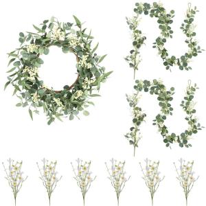image:imagePinkpum 20 Eucalyptus Wreath 6FT Flower 17 Artificial Silk Flowers Set 9 for Front Door White Floral Fireplace Table Hanging Porch Wall Home Decor Farmhouse Indoor Outdoor Summer Spring GarlandWhite Set 1