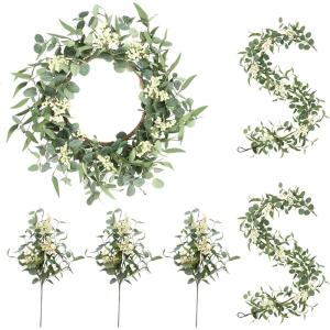 image:imagePinkpum 20 Eucalyptus Wreath 6FT Flower 17 Artificial Silk Flowers Set 9 for Front Door White Floral Fireplace Table Hanging Porch Wall Home Decor Farmhouse Indoor Outdoor Summer Spring GarlandWhite Set 4