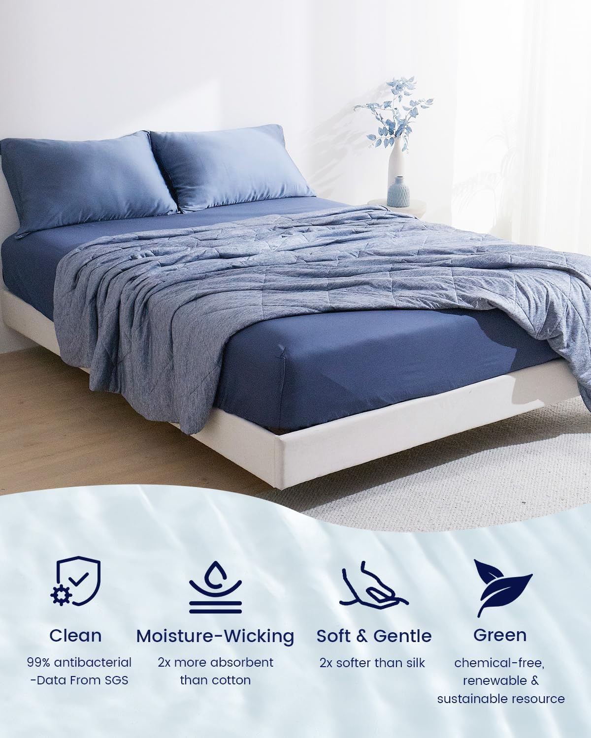 ZonLi 100 Rayon Derived from Bamboo Cooling Fitted Sheet King Size for Hot Sleeper 76quotx80quot Blue AshesBlue Ashes