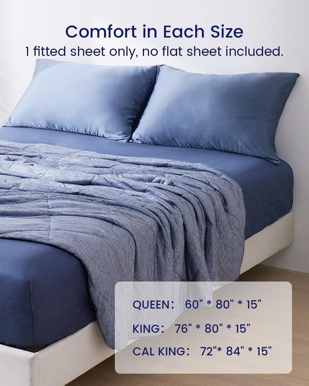 ZonLi 100 Rayon Derived from Bamboo Cooling Fitted Sheet King Size for Hot Sleeper 76quotx80quot Blue AshesBlue Ashes