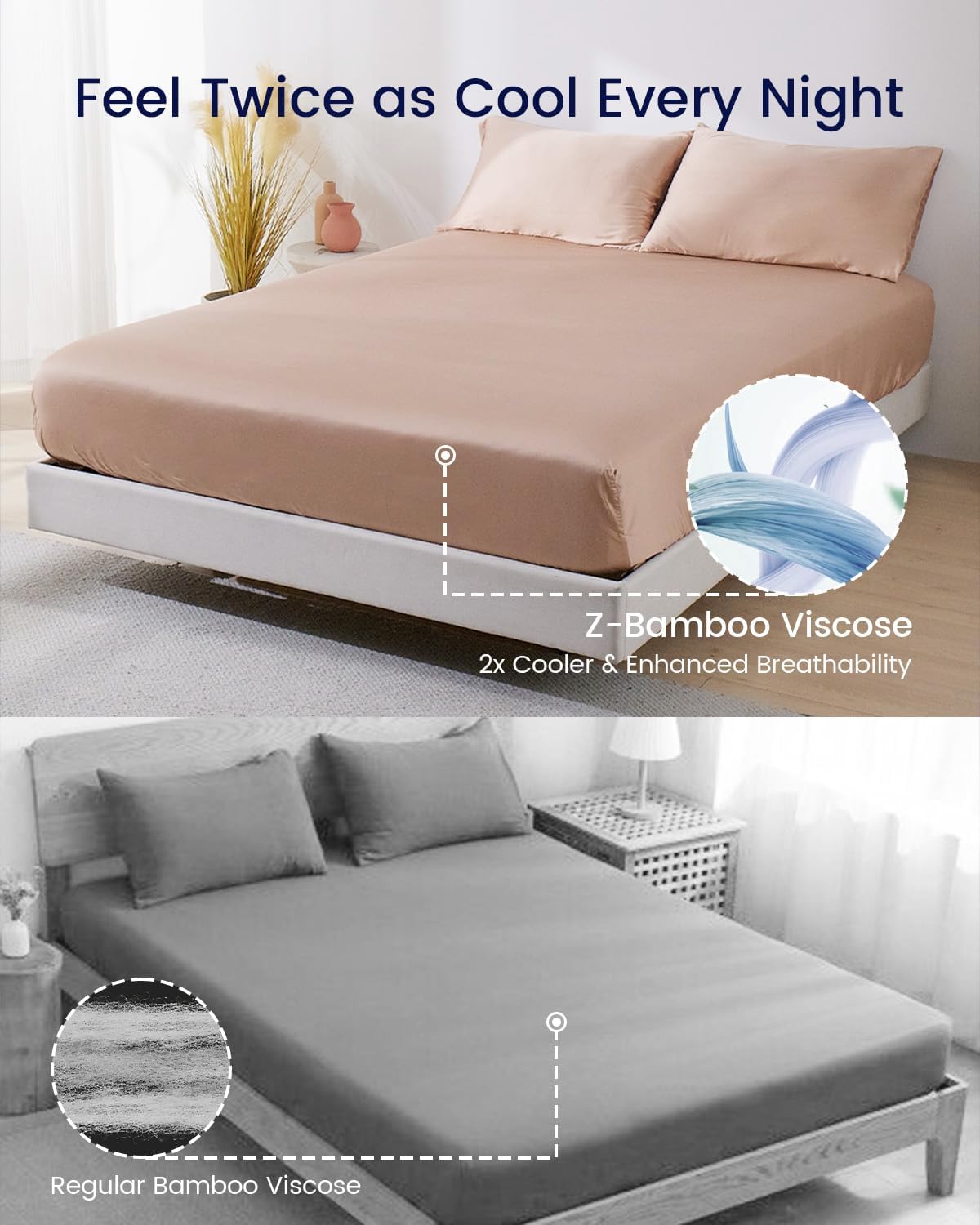 ZonLi 100 Rayon Derived from Bamboo Cooling Fitted Sheet King Size for Hot Sleeper 76quotx80quot Blue AshesCameo Rose