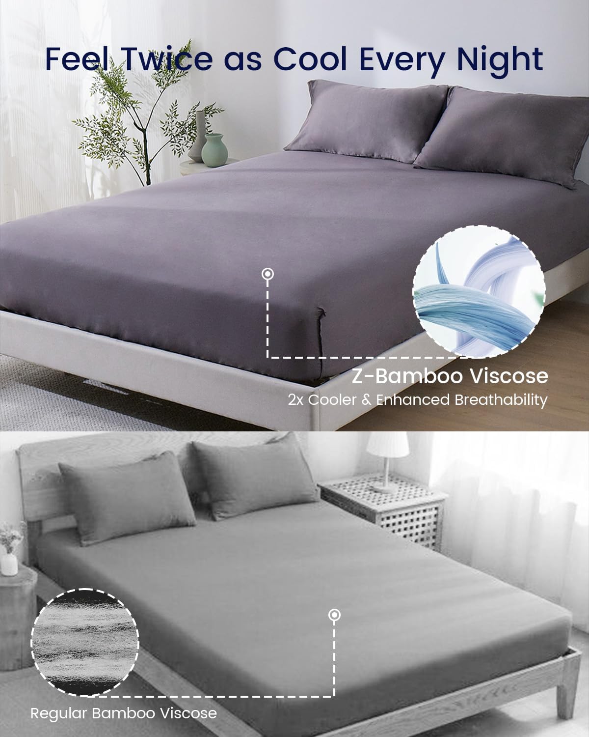 ZonLi 100 Rayon Derived from Bamboo Cooling Fitted Sheet King Size for Hot Sleeper 76quotx80quot Blue AshesSierra Gray