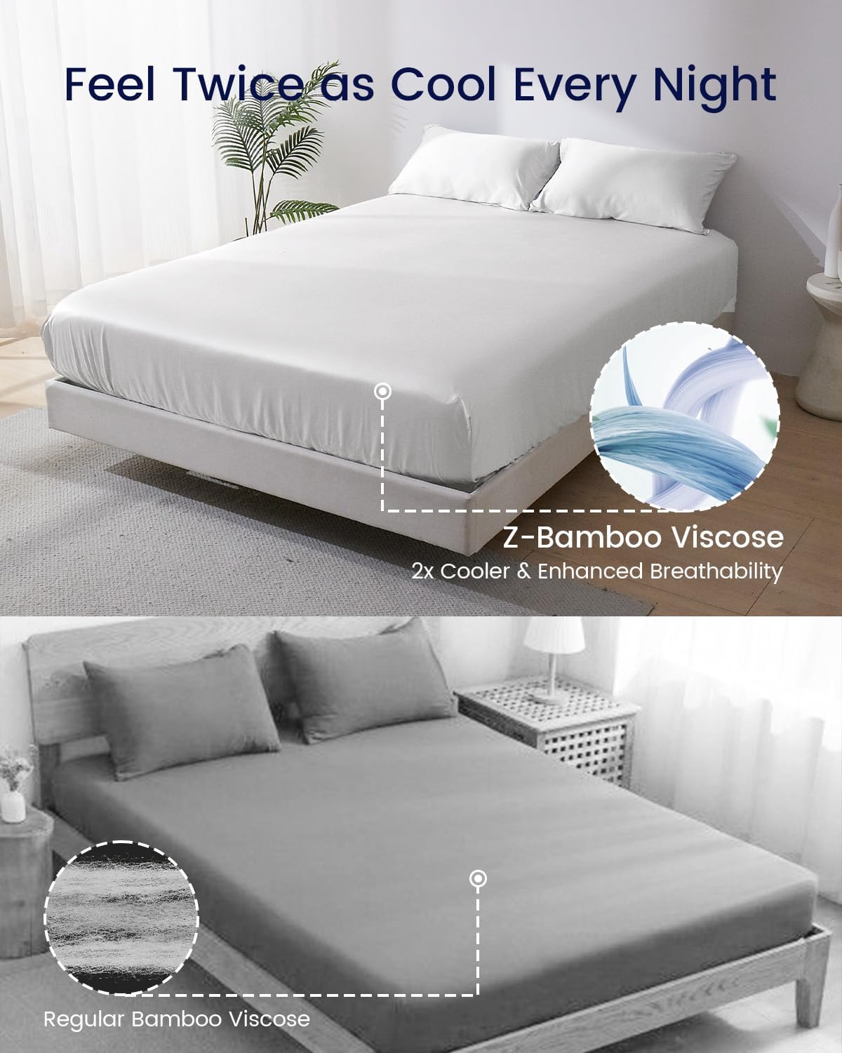 ZonLi 100 Rayon Derived from Bamboo Cooling Fitted Sheet King Size for Hot Sleeper 76quotx80quot Blue AshesSnow White