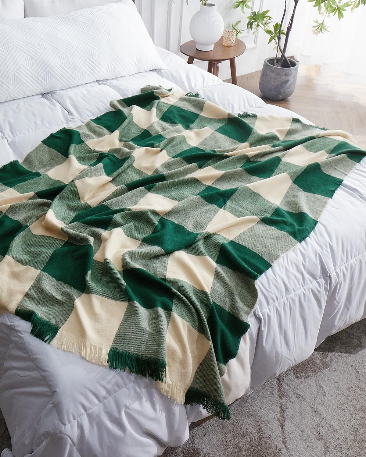 ZonLi Brown Throw Blanket 50quot x 60quot Fall Decorative Classic Blankets with Tassel for Couch Bed Sofa Chair Outdoor Cozy Warm Lightweight Blankets BrownGreen Checkered