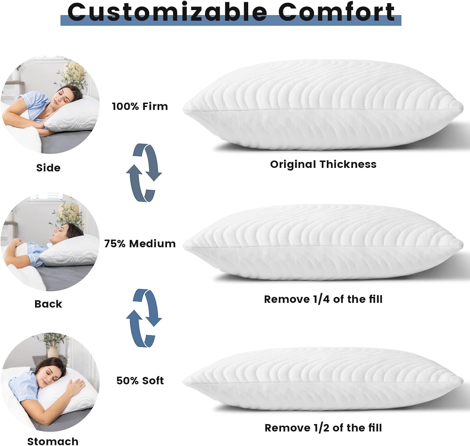 ZonLi Cooling Memory Foam Pillow 20quotx 26quot Side Sleeper Pillows Standard Size Bed Pillows with Machine Washable Cover Adjustable Loft Pillow for Back and Neck Pain Sleepers White Pack of 1